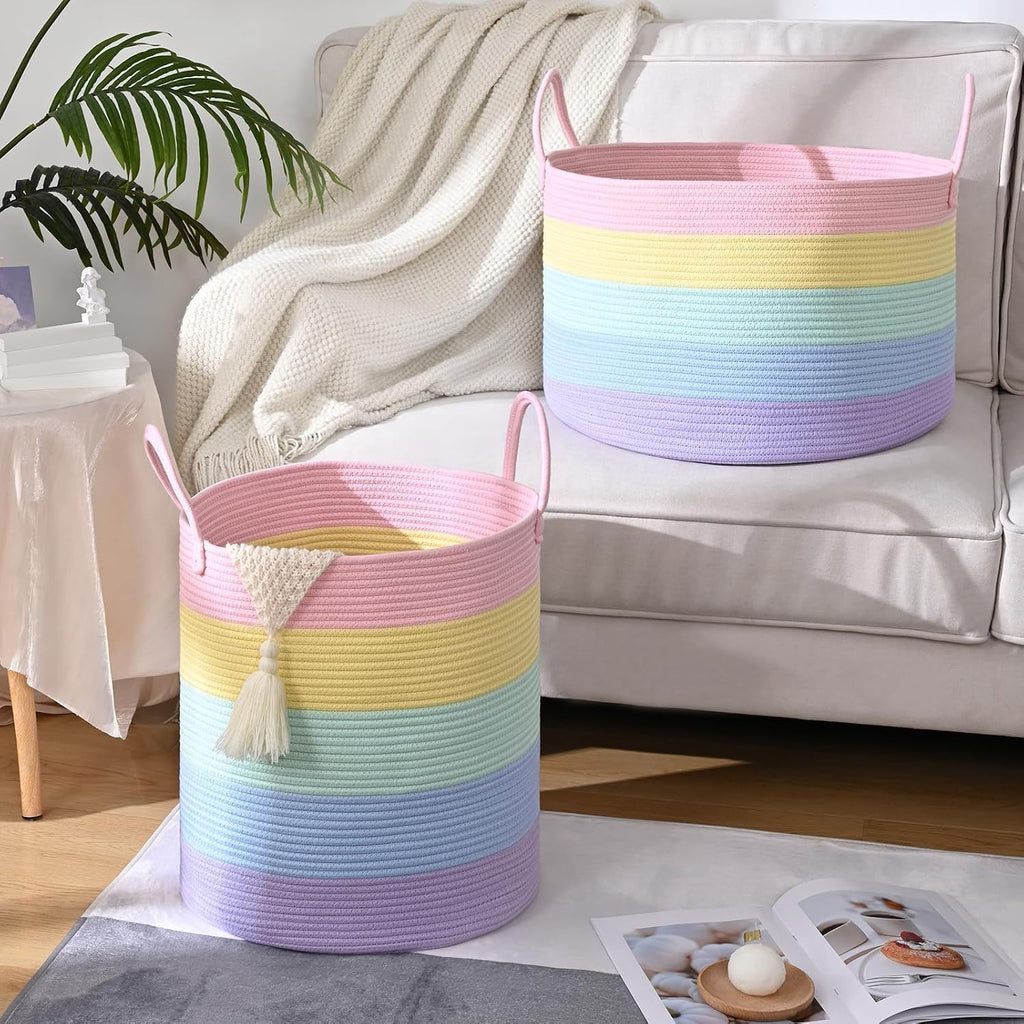 67L Large Rainbow Blanket Basket, Cotton Rope Baby Laundry Hamper with Handles, Kids Toy Basket for Classroom & Nursery, Soft Round Stuffed Animal Storage, Dog Toy Bin - 20"x13", Light Rainbow