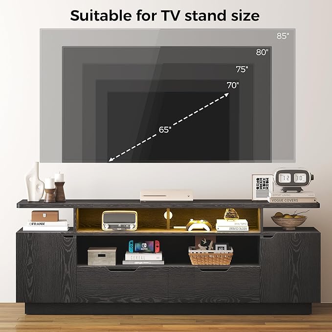 IRONCK TV Stand for TVs 85 inch with Power Outlet and LED Lights, Entertainment Center with Storage Cabinets, Media TV Console with Drawers, Modern TV Stand for Living Room, Black
