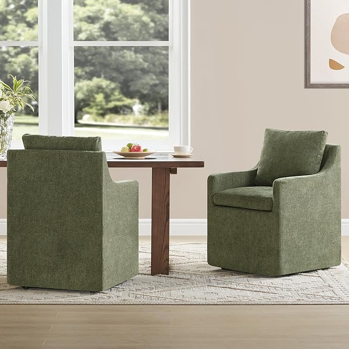 Upholstered Dining Chairs Set of 2, Washable Cover Modren Deskchair with 4 Casters & Hidden Storage for Dining Room, Living Room, Home Office, Green, 2 Box