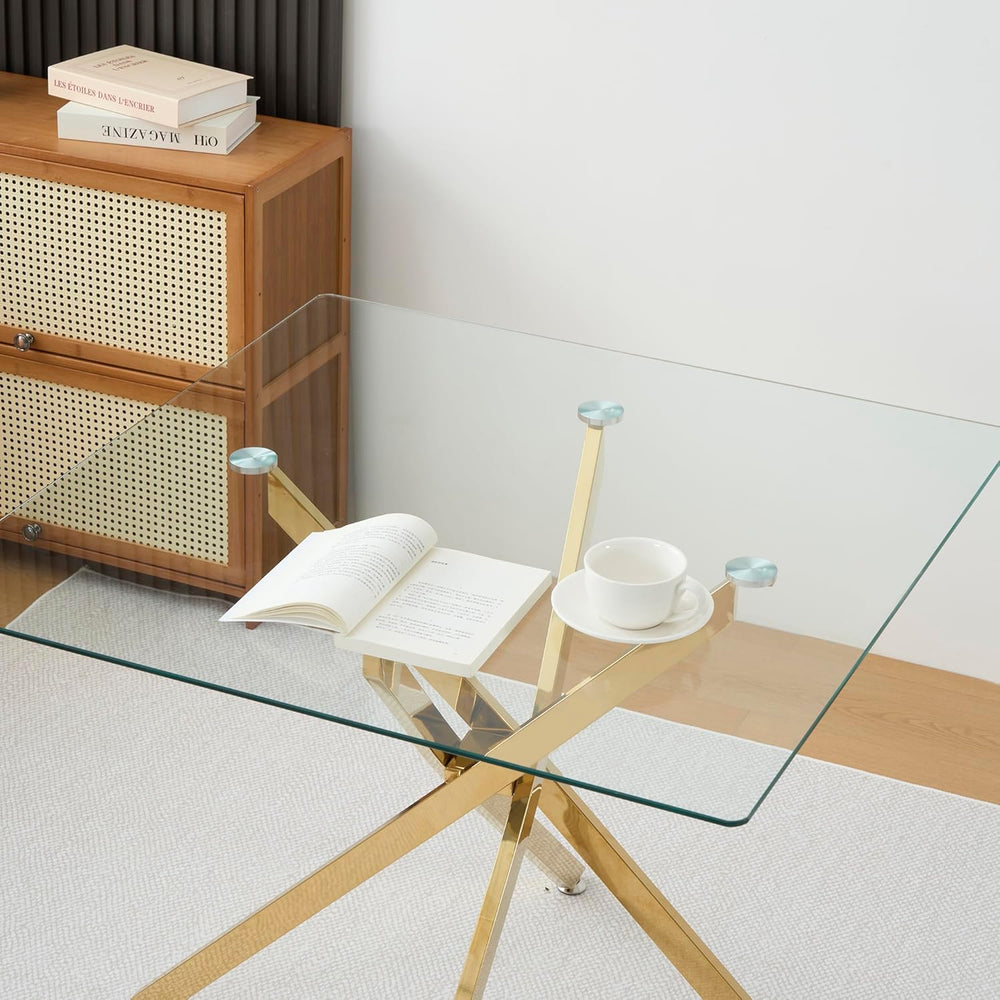 Square Dining Table for 4, 36 Inch Glass Kitchen Table with Gold X Metal Legs...