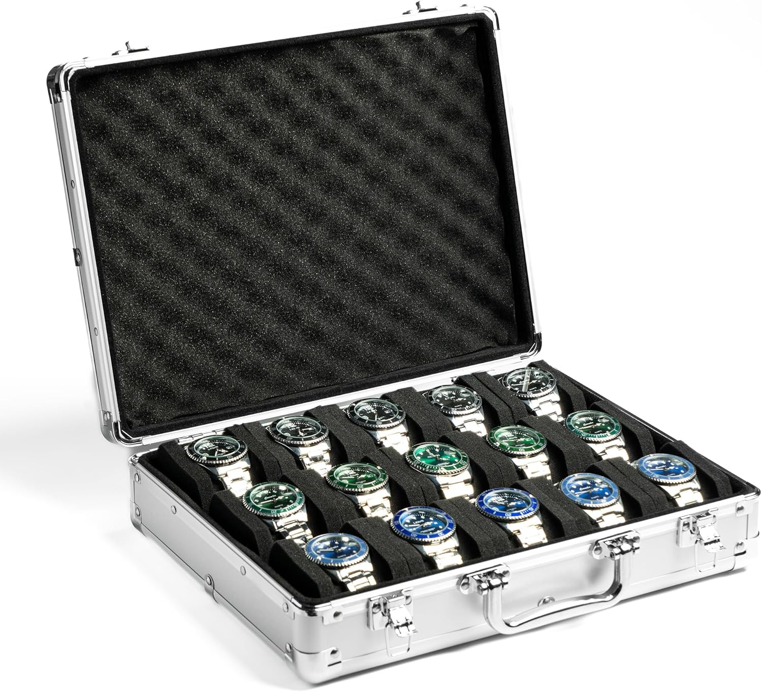 15 slots Watch organizer Case, Silver Aluminum watch storage box, hard watch travel box, padded case for watch display and organization