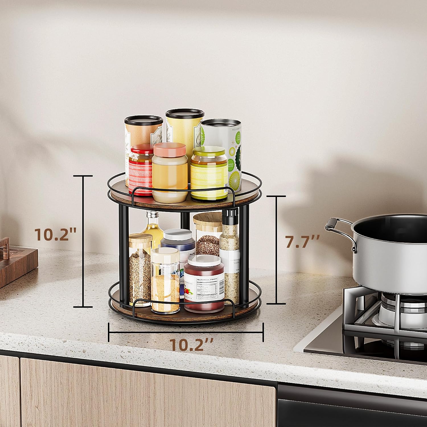 LAMU 10'' Wood Lazy Susan Turntable Organizer for Cabinet, 2 Tier Lazy Susan Spice Rack Organizer for Kitchen, Table Top, Countertop, Pantry, Medicine Organizer