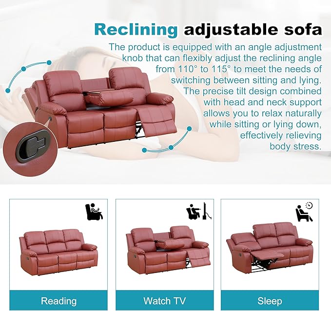 Recliner Sofa Set Couches for Living Room Chair Semi PU Fabric Living Room Furniture Sets, Adjusted Loveseat Reclining Couch Furniture Sofa Set for Theater Seating, 3-Seater, Red