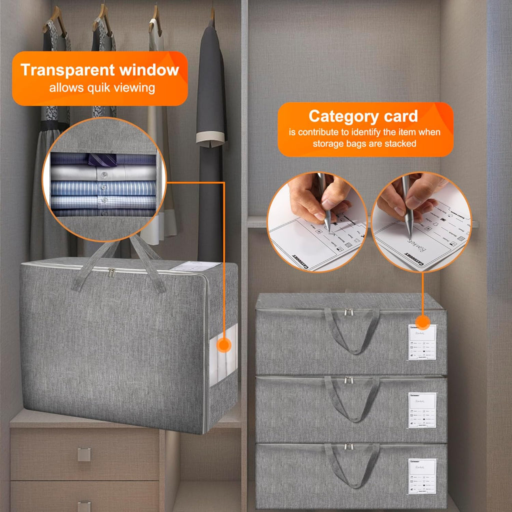 3 Pack 105L Comforter Storage Bags, Extra Large Bedding Storage Bags with Card and Clear Window, Reinforced Handles & Zippers, Foldable Closet Organizers for Blanket Pillow Clothes