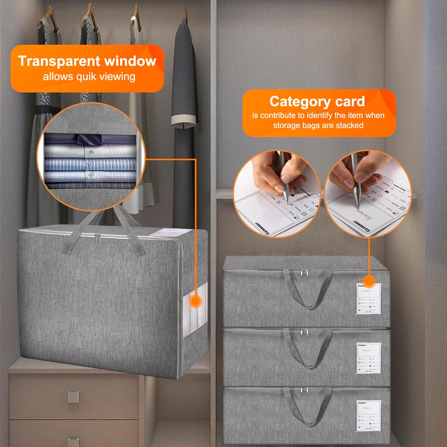 3 Pack 105L Comforter Storage Bags, Extra Large Bedding Storage Bags with Card and Clear Window, Reinforced Handles & Zippers, Foldable Closet Organizers for Blanket Pillow Clothes