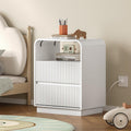 Dresser with 2 Drawers and Charging Station, Fluted Bedside Table with Round Curved Corner, Hidden Handles, 2 AC Outlets and 2 USB Ports, Modern Wood End Table with Open Shelf for Bedroom