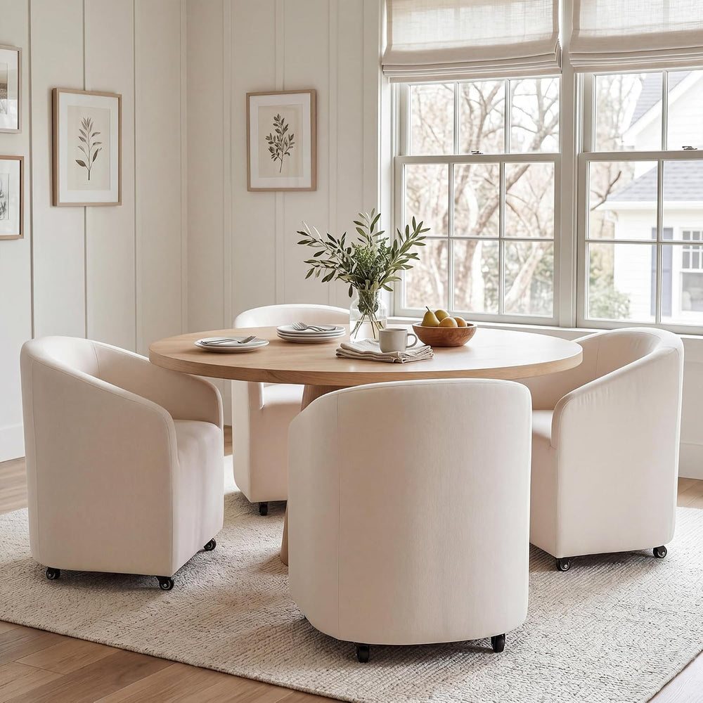CIMOTA Linen Beige Barrel Dining Chairs with Wheels, Set of 2 — Modern Uphols...
