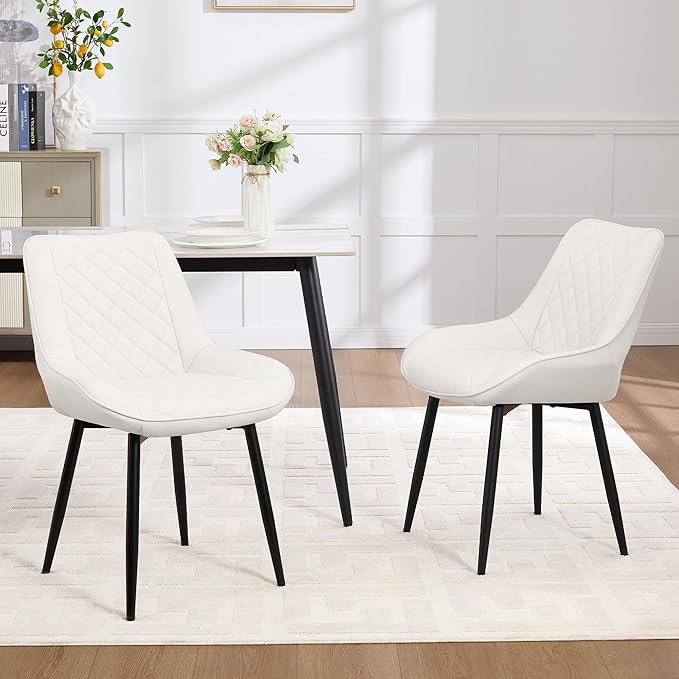 Dining Chair Set of 8, Modern Dining Chairs with Thick Cushions, Faux Leather Upholstered Kitchen Dining Room Chairs with Metal Adjustable Legs for Dining Living Room, White