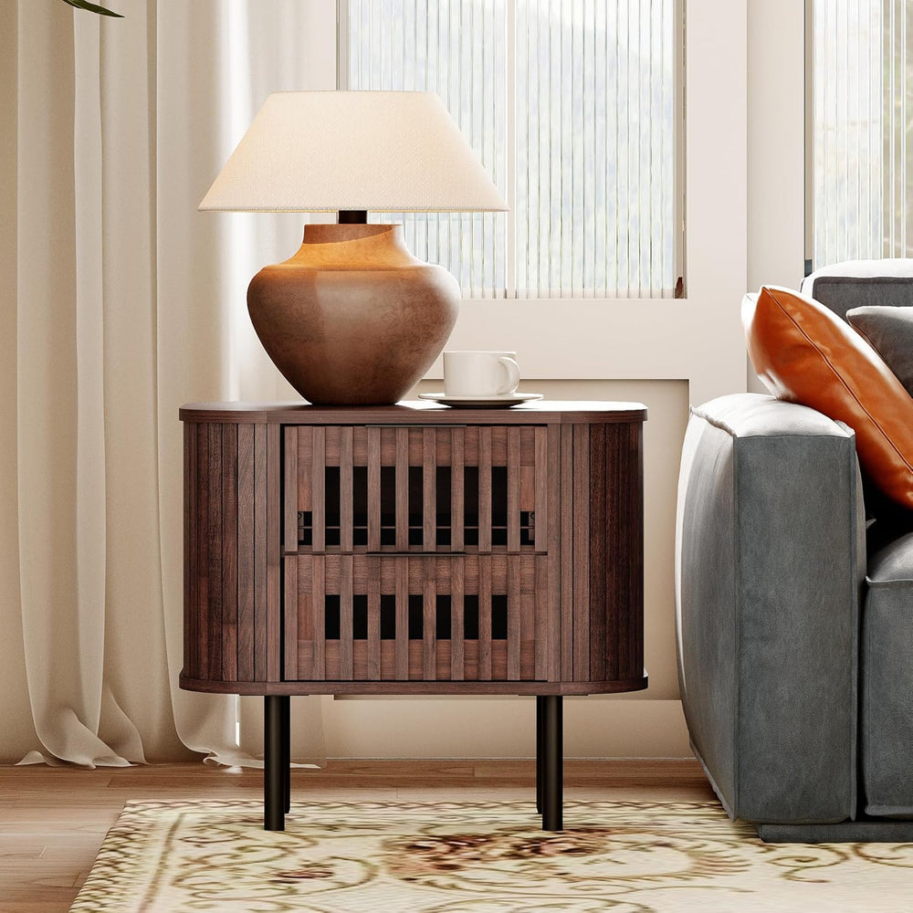 WAMPAT Fluted Nightstand, Modern Wooden End Table with 2 Drawer, Storage Beds...