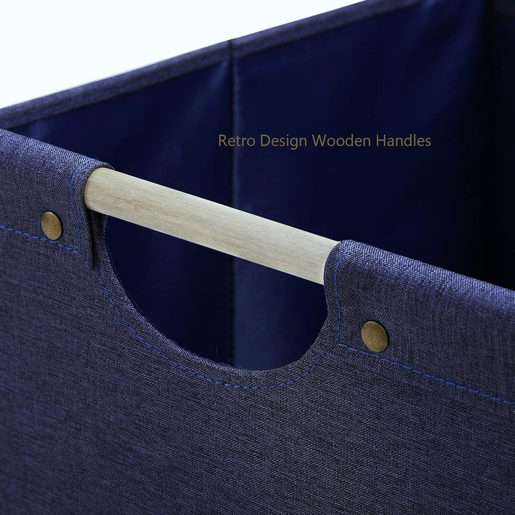 HOONEX Large Foldable Storage Bins, Linen Fabric, Pack of 2, Storage Baskets with Wooden Carry Handles and Sturdy Heavy Cardboard, for Home, Office, Car, Nursery, Blue