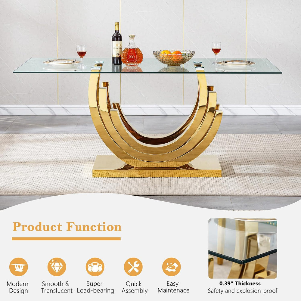70 inch Tempered Glass Dining Table, Rectangular Glass Kitchen Table with Gol...