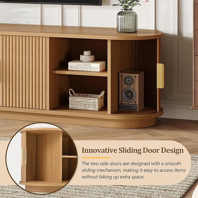 Farmhouse Wooden TV Stand with Sliding Tambour Door for TVs up to 75", Fluted Media Console with Adjustable Storage, Golden Handle TV Cabinet with Cable Holes for Living Room, Natural