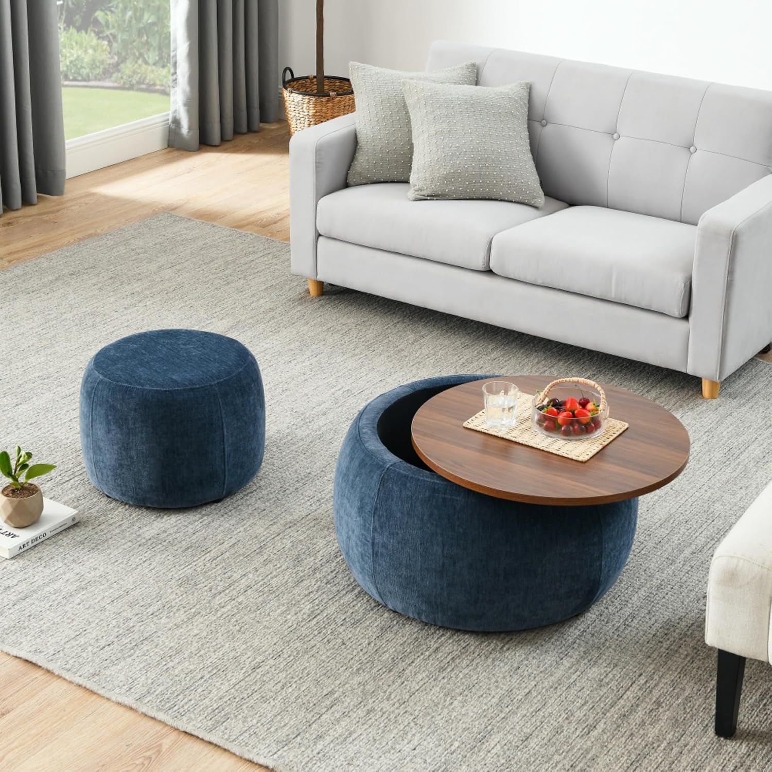 2 in 1 Round Storage Ottoman, Convertible End Table Ottoman with Small Seat, Multi-Functional Padded Hidden Storage Ottoman for Living Room Bedroom (Dark Blue)