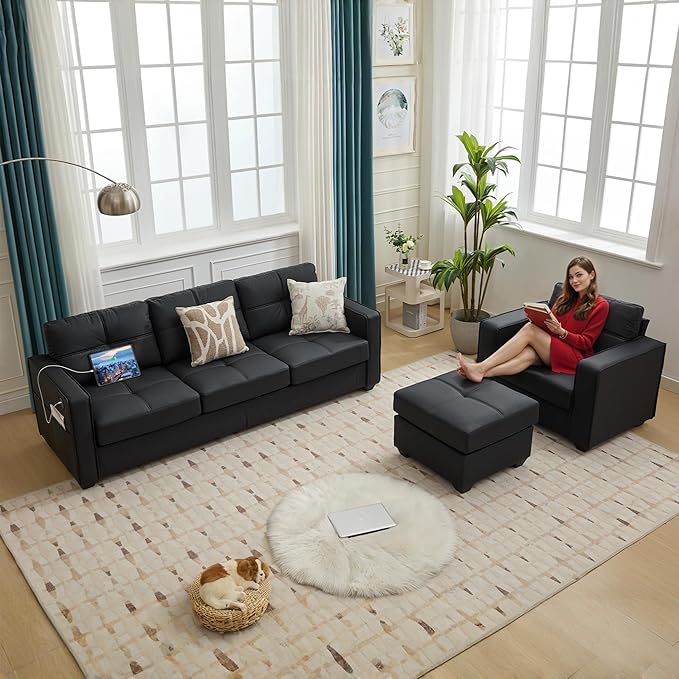 TYBOATLE Black Couch Sectional Couches w/Side Pockets for Living Room, Comfy Faux Leather Modular Convertible L Shaped Sofas with USB & Ottoman, Leather Sectional for RV Apartment Office