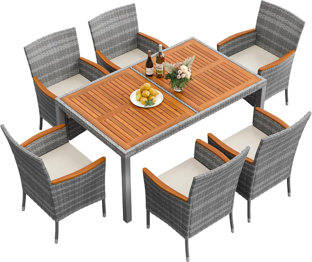 Flamaker Patio Dining Set for 6 Outdoor Acacia Wood Table and Chairs, Gray