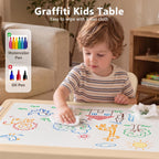 Kinder King Kids Table & 2 Chairs Set, Height Adjustable Children Activity Table w/Storage, Graffiti & Building Blocks Tabletop, Toddler Furniture Set for Classroom, Daycare, Home, Age 3+, Khaki