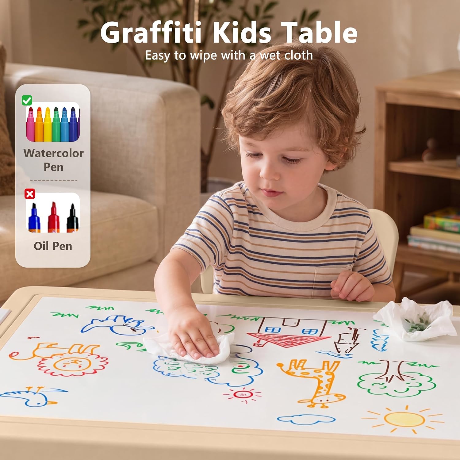 Kinder King Kids Table & 2 Chairs Set, Height Adjustable Children Activity Table w/Storage, Graffiti & Building Blocks Tabletop, Toddler Furniture Set for Classroom, Daycare, Home, Age 3+, Khaki