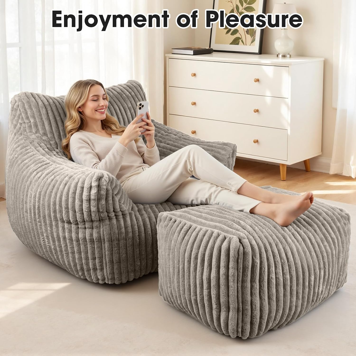 Giant Bean Bag Chair with Ottoman, Oversized Memory Foam Bean Bag Sofa for Adults and Kids, Large Comfy Fluffy Single Lounges Mini Couch for Living Room, Bedroom & Dorm(Taupe)