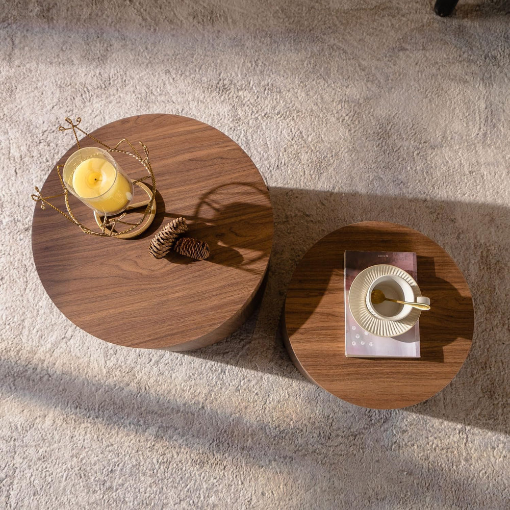 Nesting Coffee Table Set of 2, Wood Round Coffee Table, Modern Coffee Table f...
