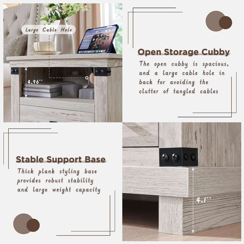 RedLemon Farmhouse Nightstand Set of 2 with Charging Station, 18" Rustic...