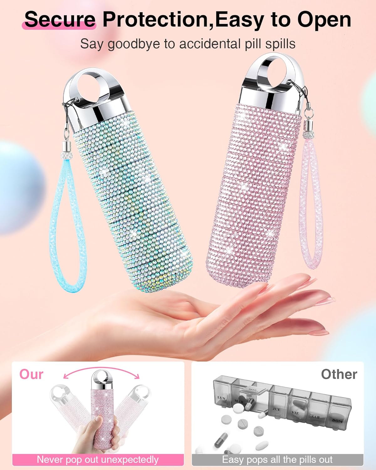 Zannaki Metal Bling Pill Organizer, Travel Waterproof Weekly Pill Box, Portable Large Aluminum Alloy Pill Case Container, BPA Free 7 Day Daily Medicine Organizer Holder for Vitamin,Fish Oil,Supplement