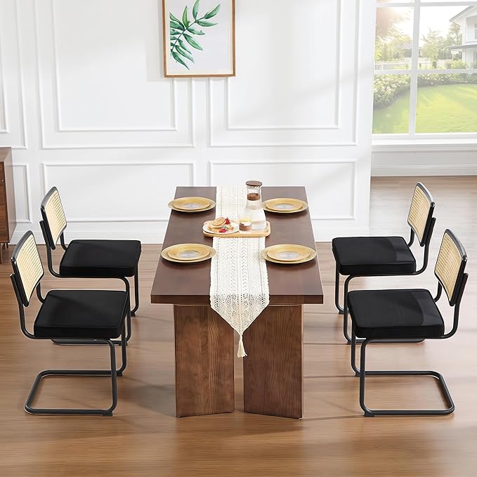 Zesthouse Natural Rattan Dining Chairs Set of 2, Modern Dining Room Chairs with Solid Wood Back for Kitchen Living Room, Mid Century Breuer Design Inspired, Upholstered Velvet Fabric, Black