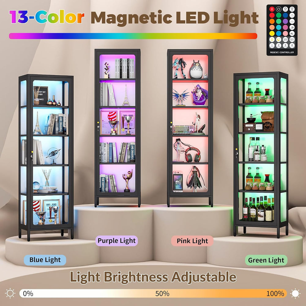 69" Glass Display Cabinet with Lock & 13-Color LED Lights, 5-Tier Lo...