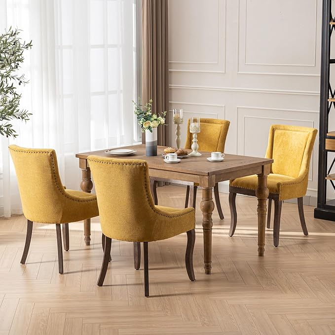Gold Dining Chairs Set of 8, Kitchen & Dining Room Chairs, Fabric Upholstered Dinning Chairs, Sillas De Comedor, Nailhead Trim, Wood Legs (Yellow, 8 Pcs)