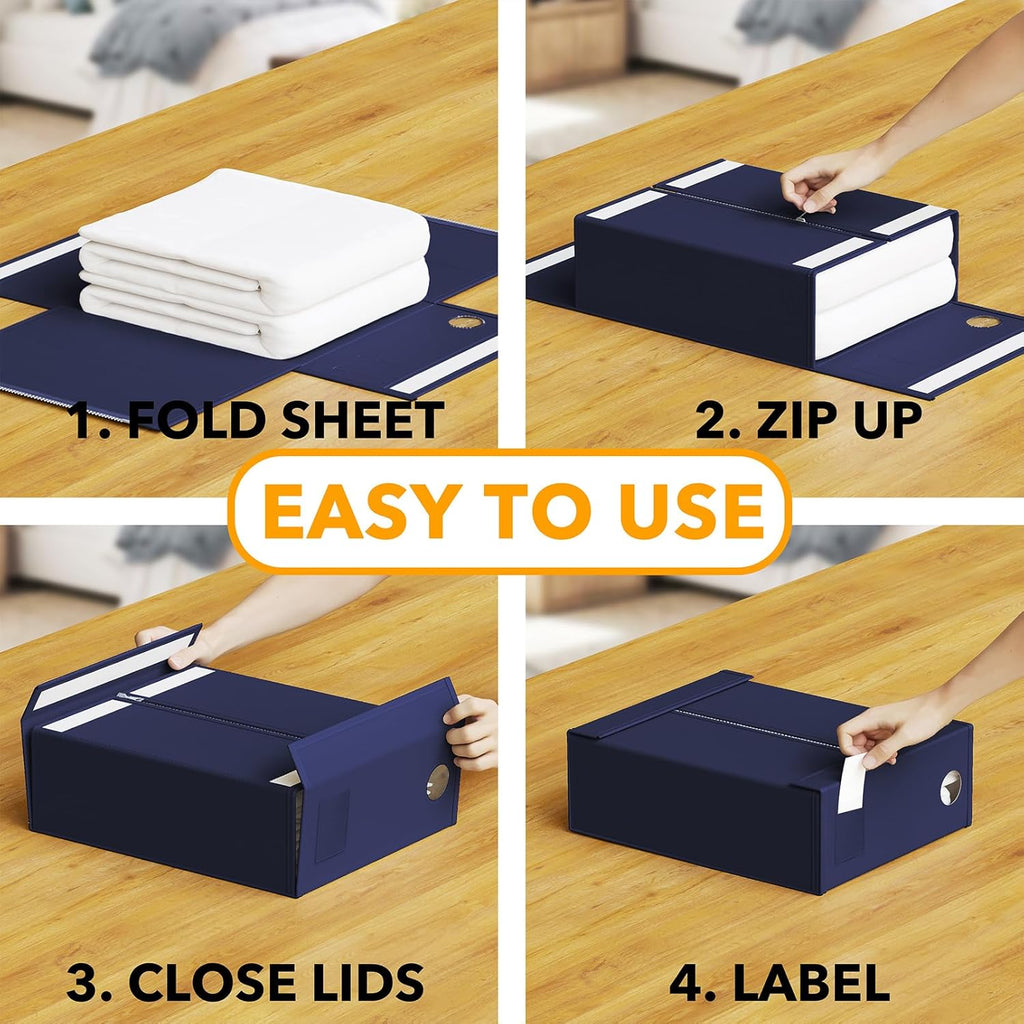 SpaceAid 3 Pack Bed Sheet Organizers and Storage, Foldable Sheet Organizer for Linen Closet, Sheets Set Folder Keeper with Window XL (Queen & King Size) Bedding Container (Navy Blue, 3 Pack)