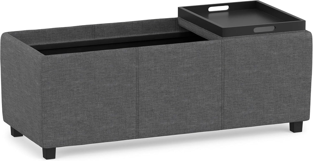SIMPLIHOME Avalon 42" Wide Linen Look Fabric Storage Ottoman in Slate Grey