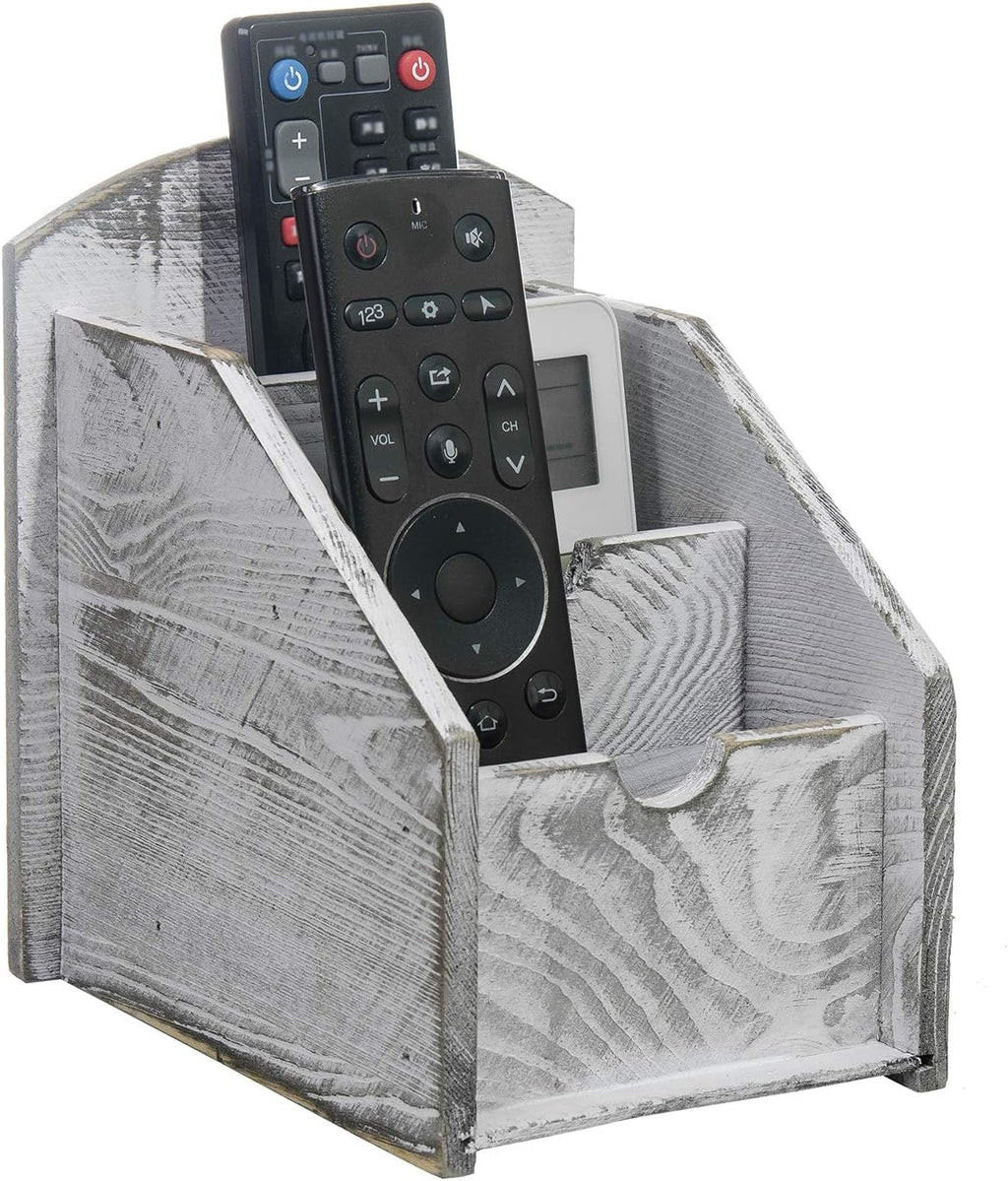 VERGOODR 3 Slot Rustic Wooden Remote Control Frame Media Organizer, Office Supply Storage Rack,Pen storage box (Grey)