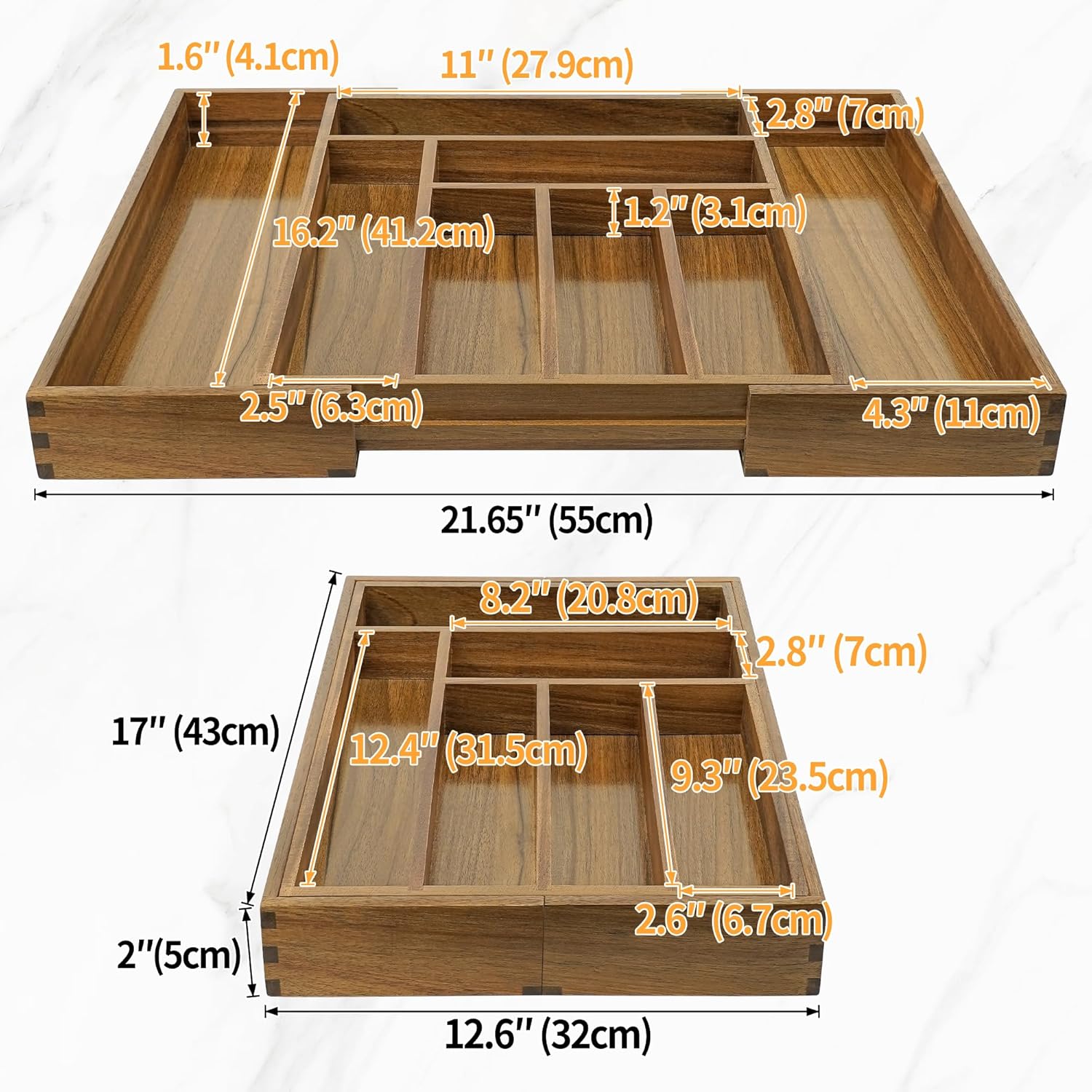 Luxury Acacia Kitchen Drawer Organizer - Silverware Organizer - Utensil Holder and Cutlery Tray with Grooved Drawer Dividers for Flatware and Kitchen Utensils (8 Slot), 17*12.4*2 inch