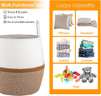 OIAHOMY 60L Blanket Basket with Handle, Storage Basket for Living Room, Laundry Hamper for Clothes, Towels, Pillows, Toy Storage for Kids and Dogs, Baby Hamper for Nursery - Brown & White