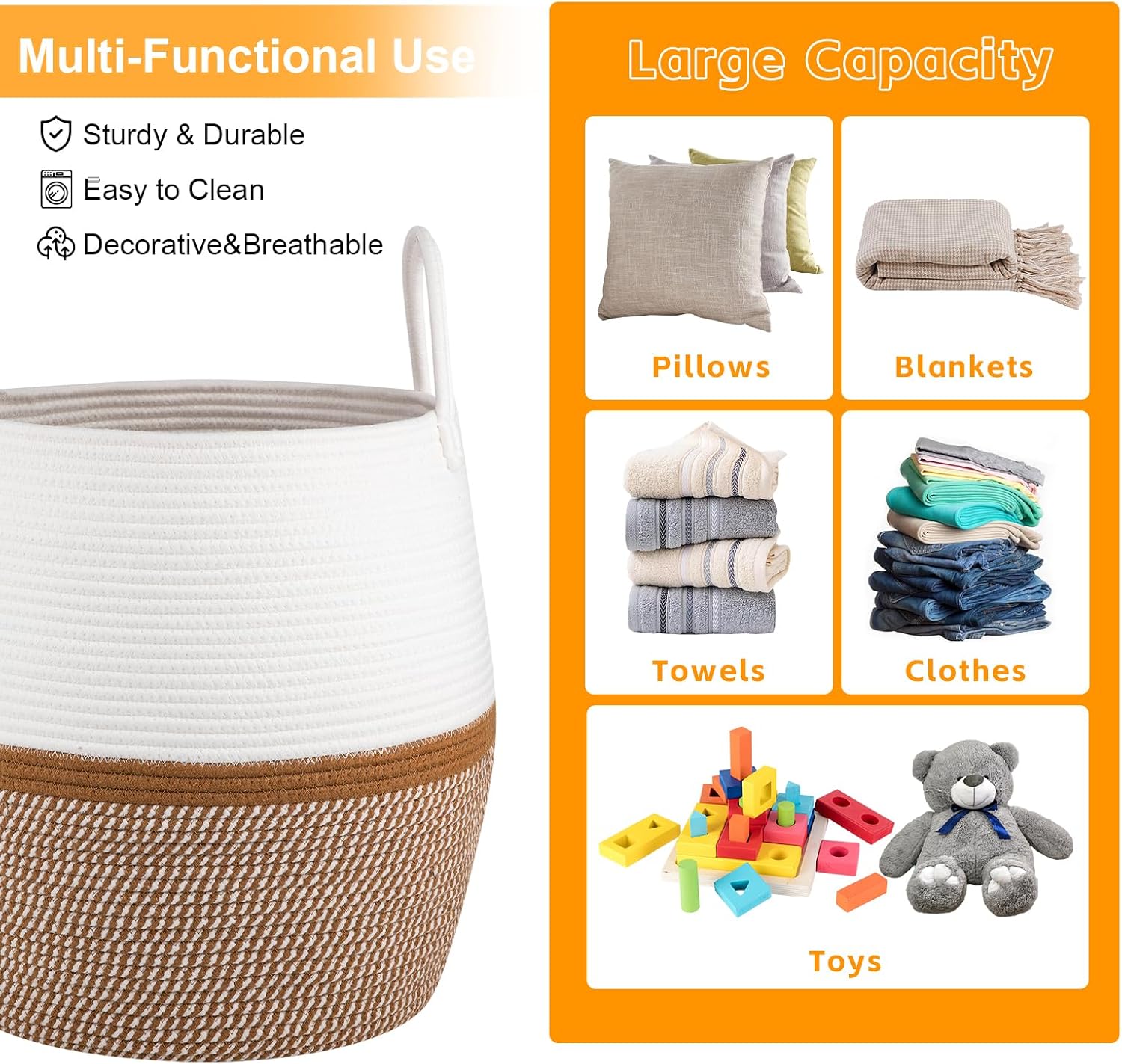 OIAHOMY 60L Blanket Basket with Handle, Storage Basket for Living Room, Laundry Hamper for Clothes, Towels, Pillows, Toy Storage for Kids and Dogs, Baby Hamper for Nursery - Brown & White