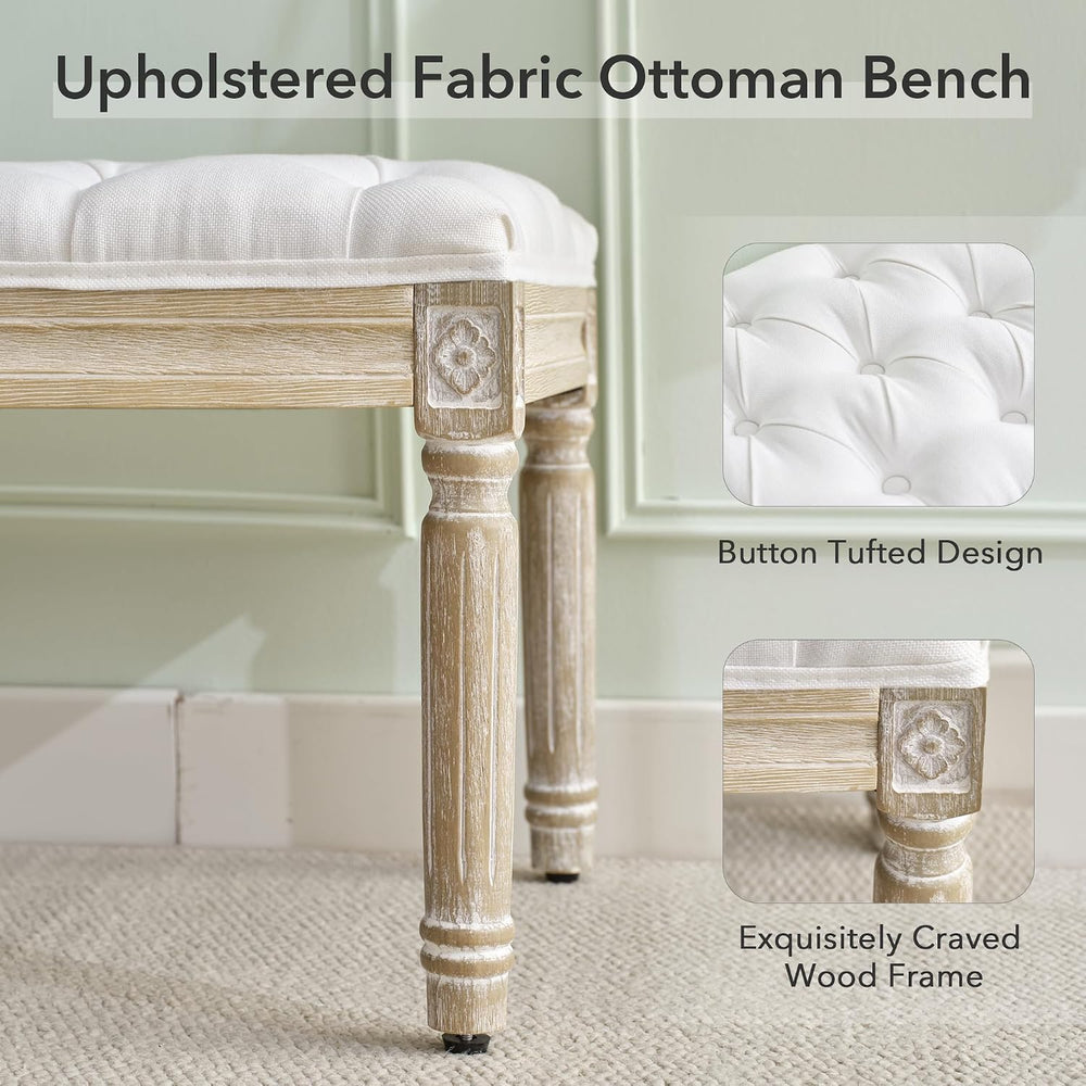 LOULENS French Vintage Bench, Linen Fabric Entryway Bench, Upholstered Tufted...