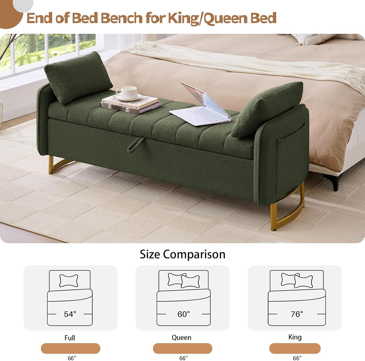 66'' King Size Storage Bench for Bedroom, Teddy Boucle End of Bed Benches for Foot of Bed, Storage Ottoman Bench with Golden Legs and Pockets for Living Room Window Entryway, Green