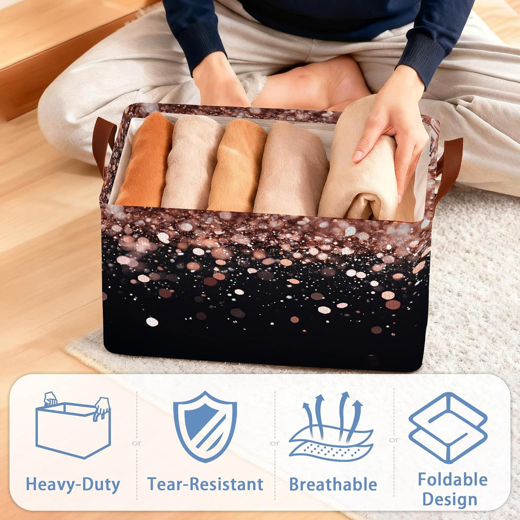 Pink Glitter Storage Baskets,Foldable Organizer Bin with Handles for Home Living Room Bedroom Closet Box 17x11.5x10Inch