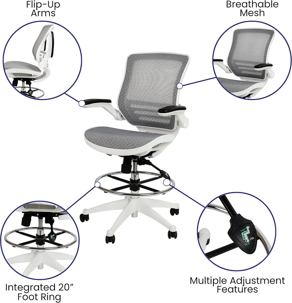 EMMA + OLIVER Gray Mid-Back Drafting Chair with Flip-Up Arms