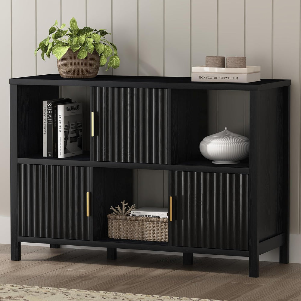 EYYTHUNG Fluted Storage Organizer Bookshelf, Modern Cube Bookcase with 3 Open...