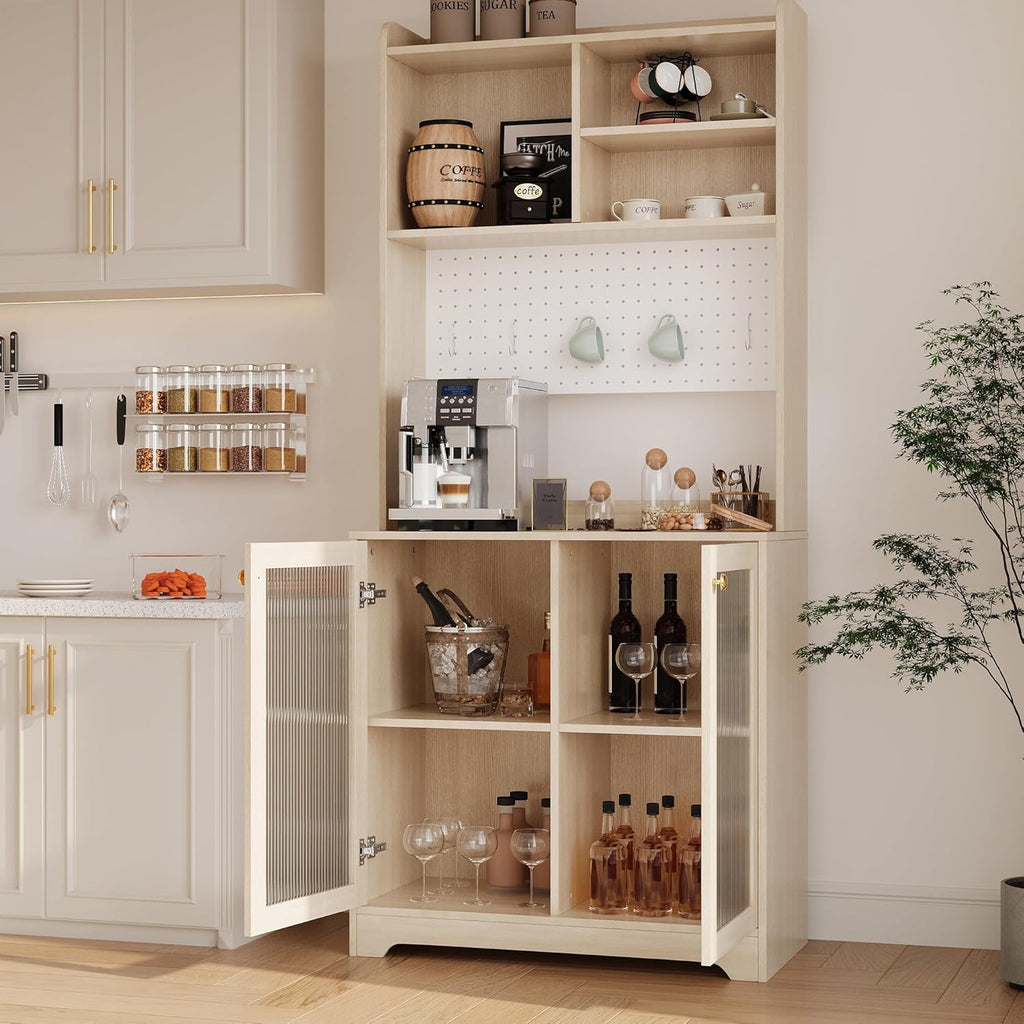 Kitchen Pantry Storage Cabinet, 71" Tall Food Pantry Cabinet with Microwave Stand, Farmhouse Kitchen Hutch with Open Storage & Adjustable Shelves Living Room