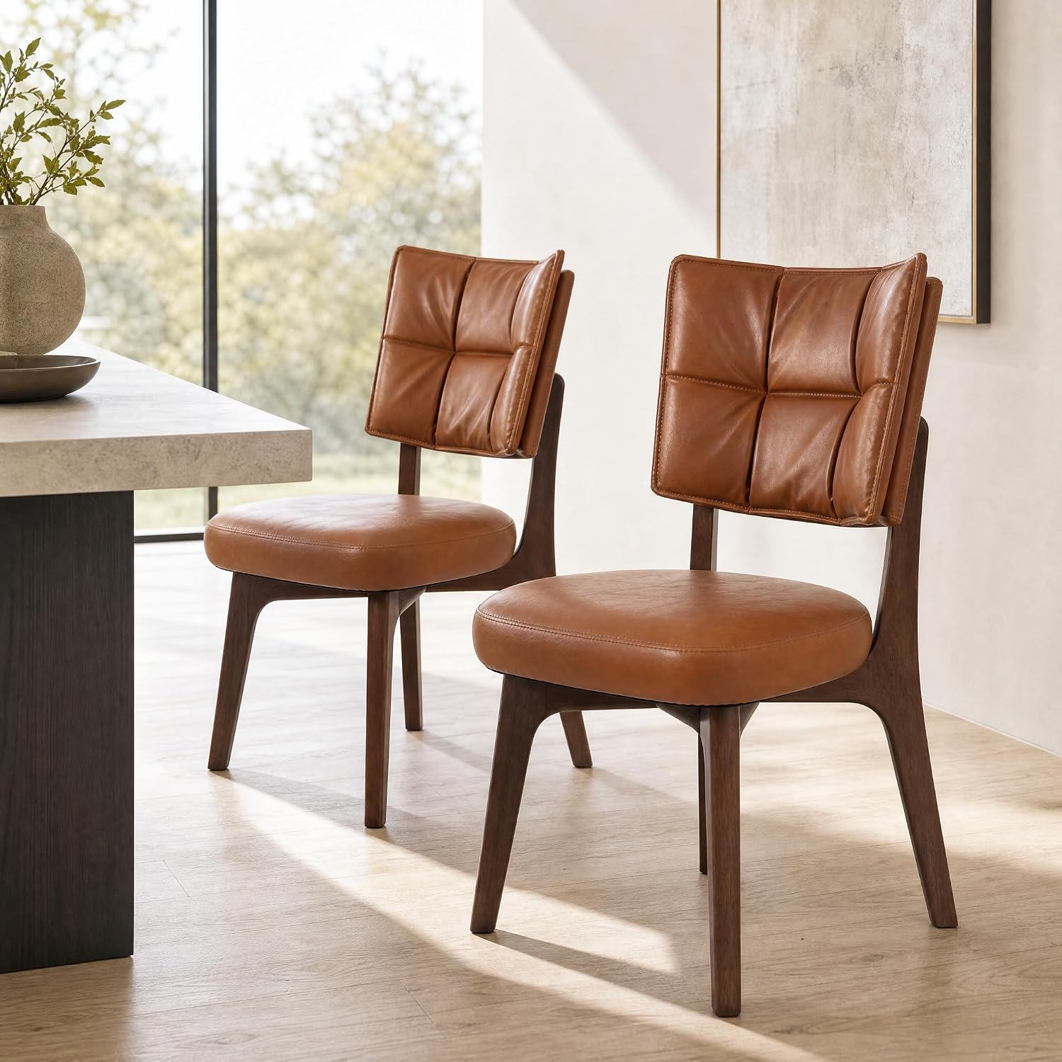 YOUNIKE Modern Dining Chairs, Upholstered Kitchen & Dining Room Chairs with Double-Layer Backrest, Wood Legs, Ergonomic Cushion Seat, (PU Leather Seat, Brown, Set of 4)