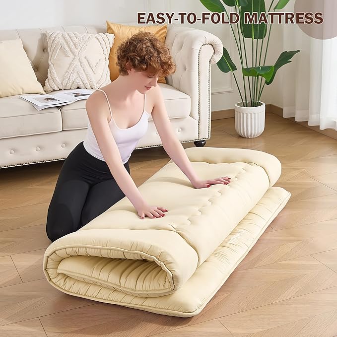 Japanese Floor Futon Mattress Queen Size, 25D High Density Support Foam, 4" Thicken Foldable Mattress Tatami Mat Sleeping Pad Suitable for Camping, Guest Room, Beige 60"x 80"
