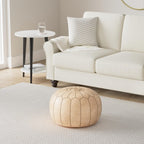 Stuffed Round Design Moroccan Leather Pouf Ottoman, Handmade, Pre-Filled, 100% Genuine Leather, 13” Height x 20” Diameter, Footstool & Living Room Décor (Tan)