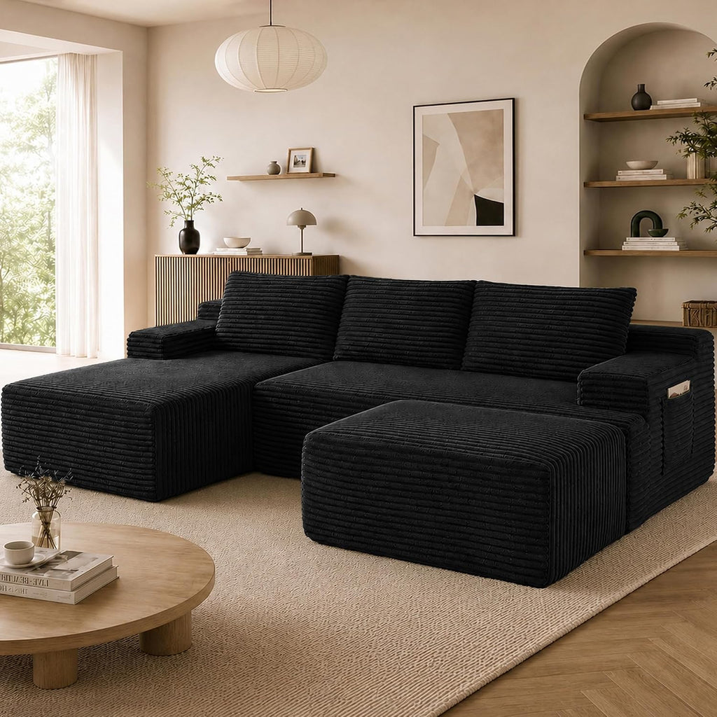 Boneless Couch, Modular Sectional Couches for Living Room, U-Shaped Cloud Couch Sofa with Deep Seat, Fluffy Corduroy Upholstered Corner Sofa