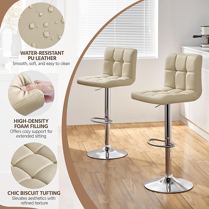 Yaheetech Bar Stools Set of 2, Adjustable PU Leather Swivel Barstools, Modern Counter Stools with Back and Footrest for Bar, Kitchen, Dining Room, Khaki
