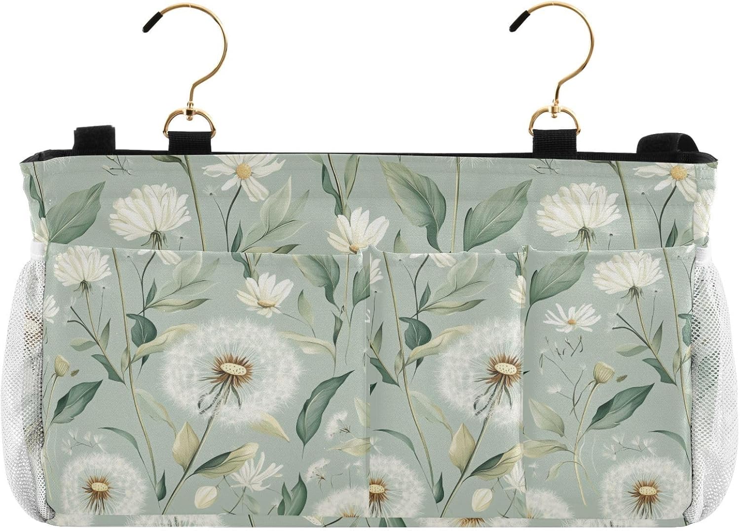 Sage Green Dandelion Bedside Caddy for Dorm Bed Bedside Hanging Caddy Bag Iron Frame Storage Organizer Pocket for Bunk Home College Hospital Beds 2 Hooks