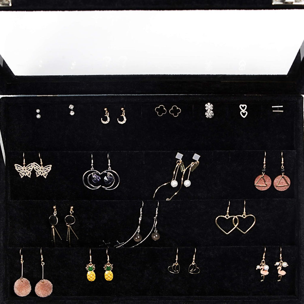 Frebeauty Earring Organizer Tray with Clear Lid 64 Slots Velvet Drawer Insert Earring Storage box with Transparent Glass lid Jewelry Display Case with lock Gifts for Women (Black, Earrings)