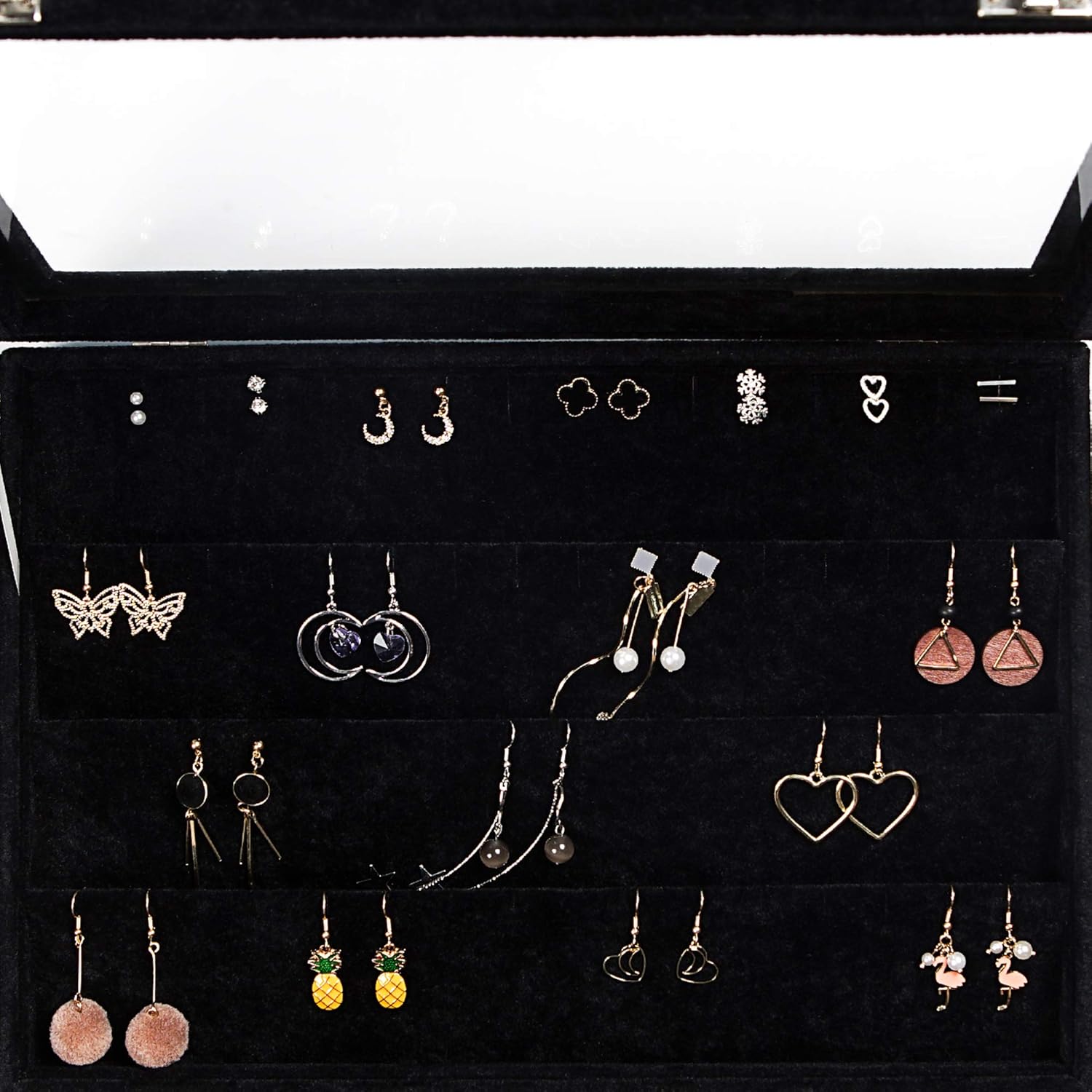 Frebeauty Earring Organizer Tray with Clear Lid 64 Slots Velvet Drawer Insert Earring Storage box with Transparent Glass lid Jewelry Display Case with lock Gifts for Women (Black, Earrings)