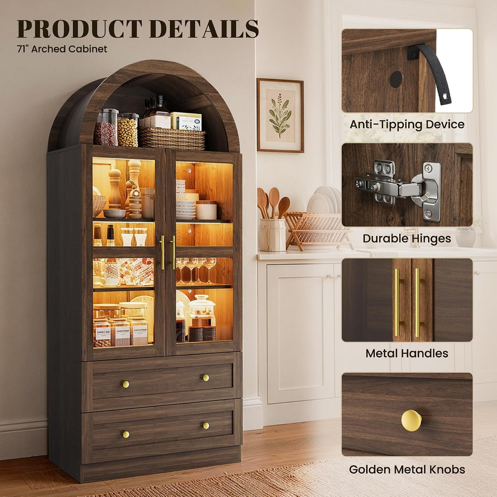 71" Tall Arched Kitchen Pantry Cabinet with LED Light, Modern Farmhouse ...