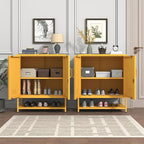 Metal Shoe Storage Cabinet with Lock, 2-Door Multifunctional Shoe Organizer with Adjustable Shelf & Bottom Shoe Rack, Freestanding Entryway Furniture, Yellow 33" H X 29.5" W X 13.8" D